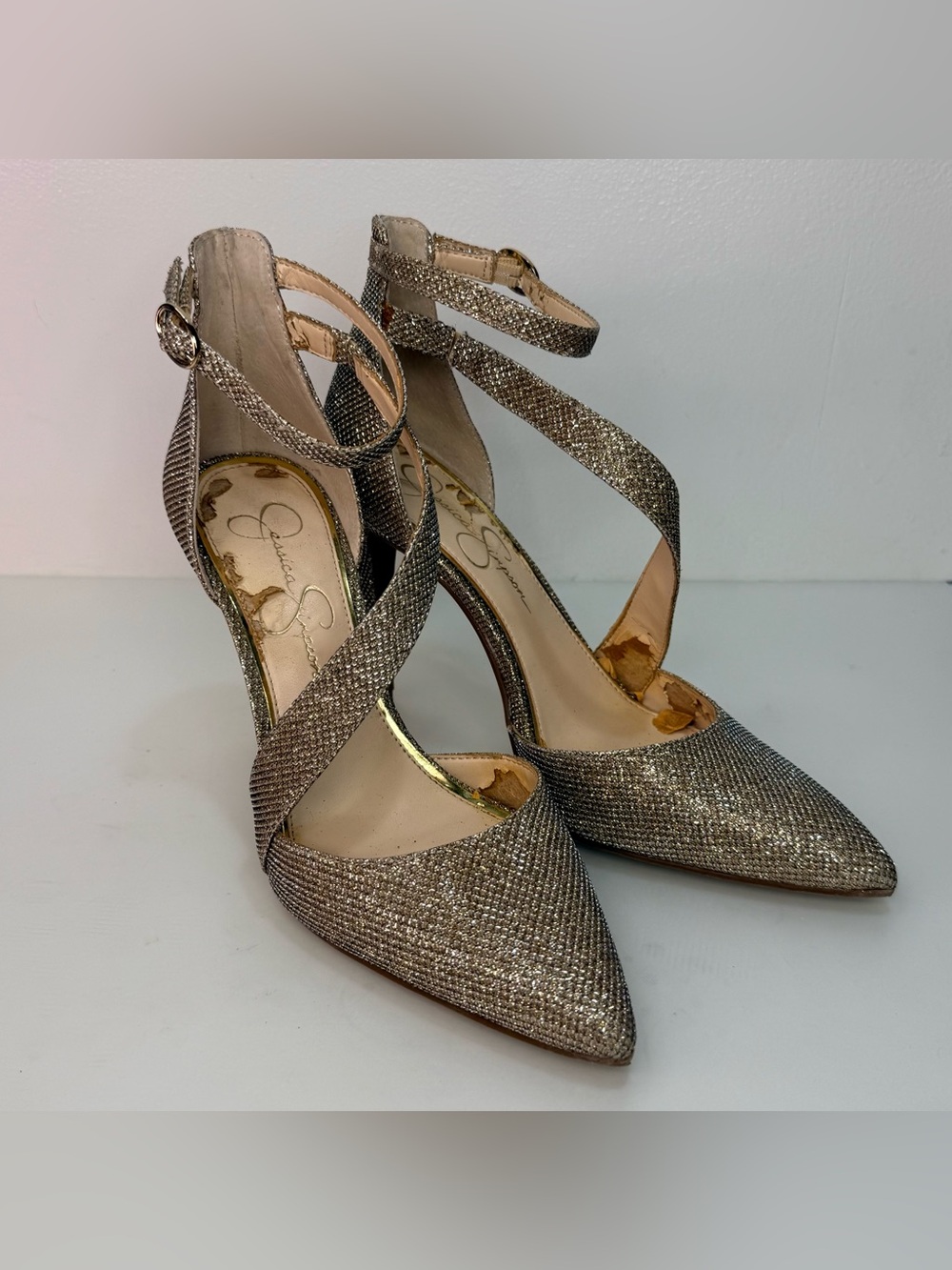 Jessica Simpson Metallic Gold Glitter Ankle Strap Pumps